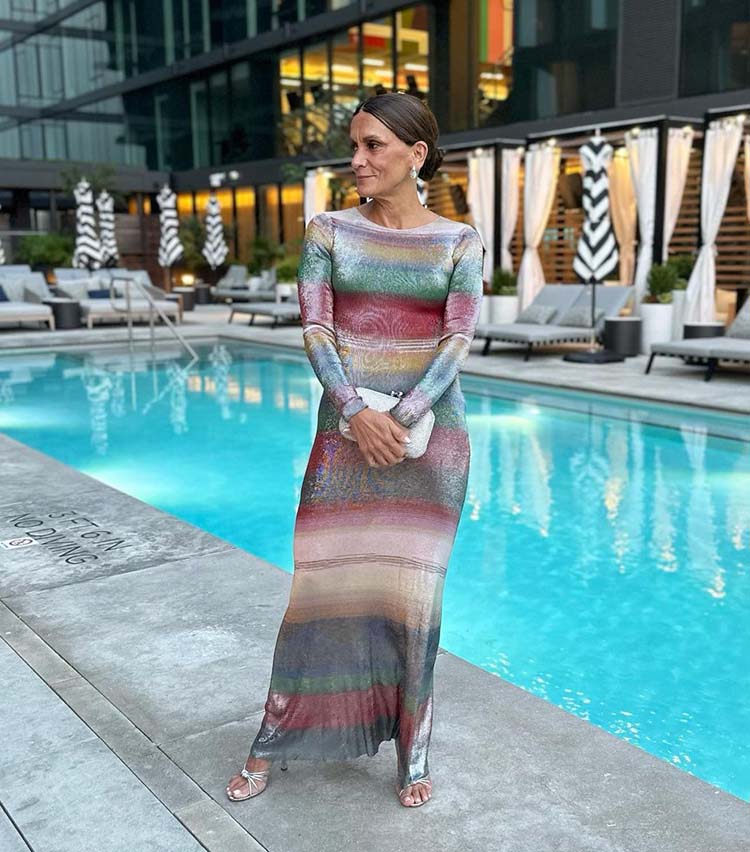 Shimmering Knit Maxi Dress with Metallic Stripes Shimmering Knit Maxi Dress with Metallic Stripes — Trendy Styling Dress