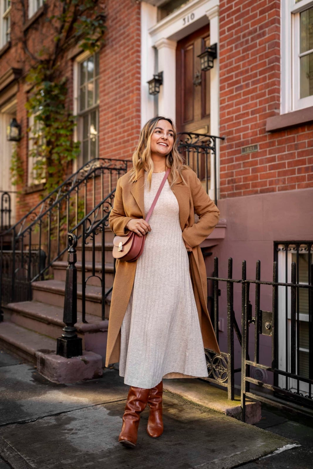 Cream Knit Midi Dress Under Camel Coat Cream Knit Midi Dress Under Camel Coat — Trendy Styling Dress
