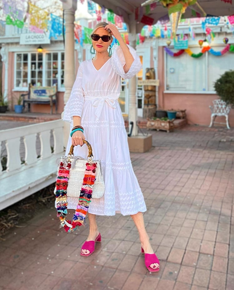 White Tiered Midi Dress with Pink Sandals White Tiered Midi Dress with Pink Sandals — Trendy Styling Dress