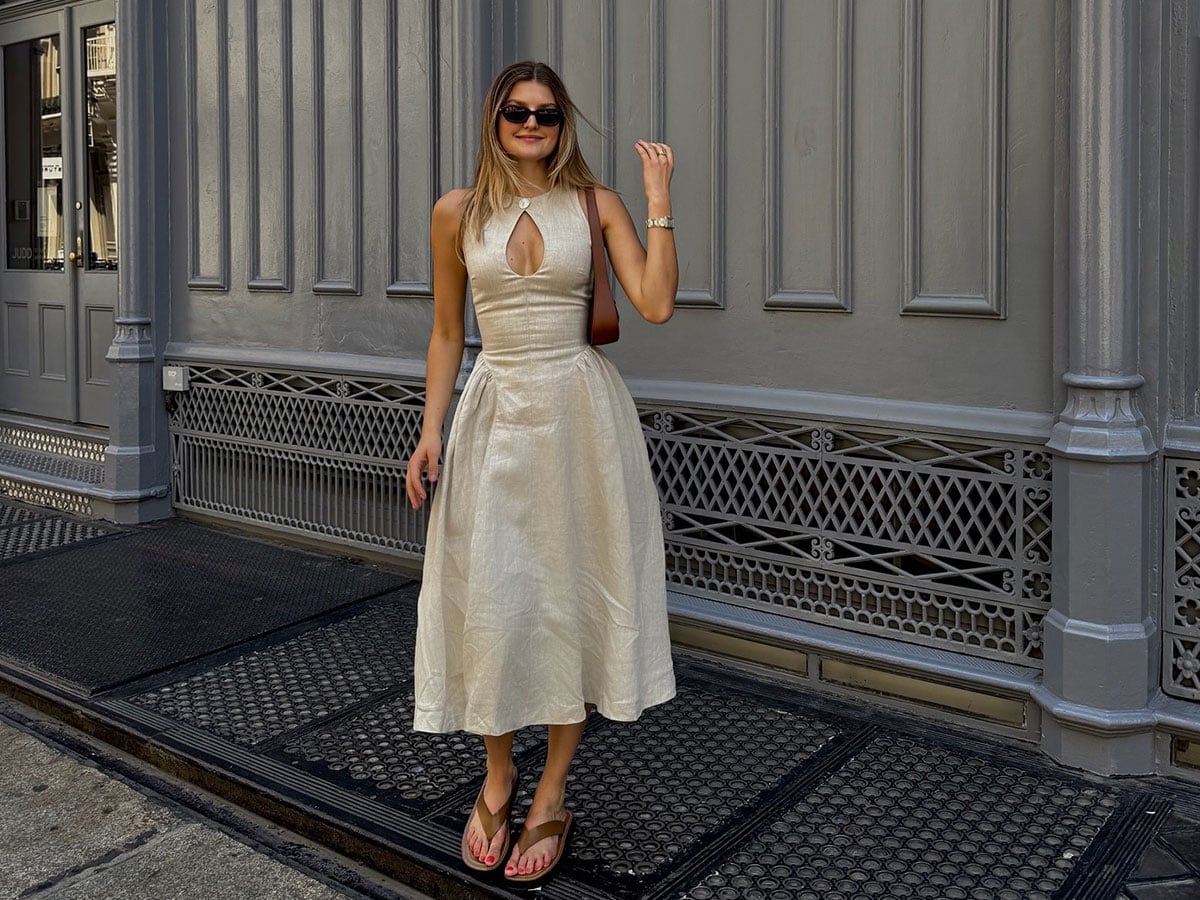 Beige Linen Midi Dress with Keyhole Neckline Beige Linen Midi Dress with Keyhole Neckline — Trendy Styling Dress