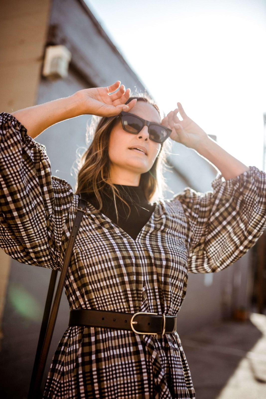 Plaid Midi Dress with Voluminous Puffed Sleeves Plaid Midi Dress with Voluminous Puffed Sleeves — Trendy Styling Dress