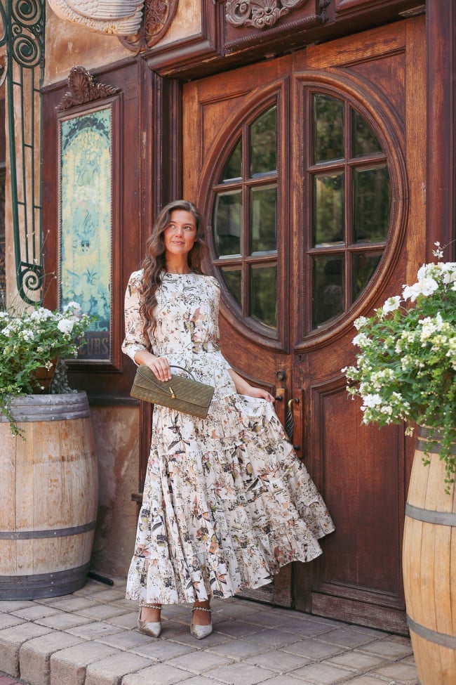 Cream Tiered Maxi Dress with Bird Print Cream Tiered Maxi Dress with Bird Print — Trendy Styling Dress