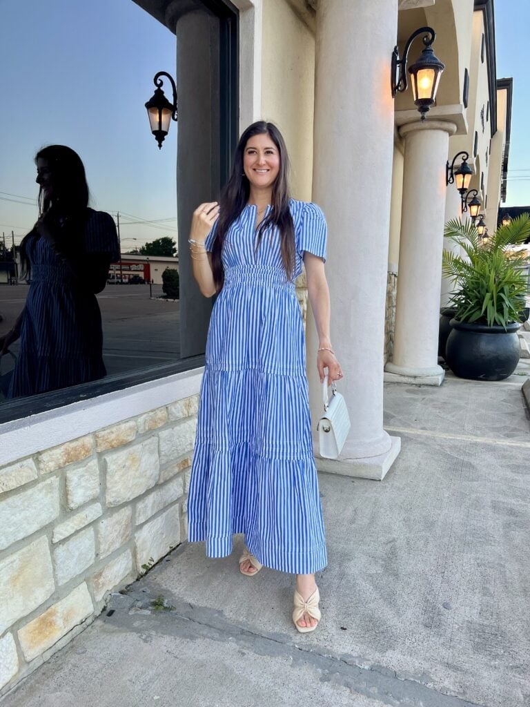 Blue and White Striped Tiered Maxi Dress, Close-Up Take Blue and White Striped Tiered Maxi Dress, Close-Up Take — Trendy Styling Dress