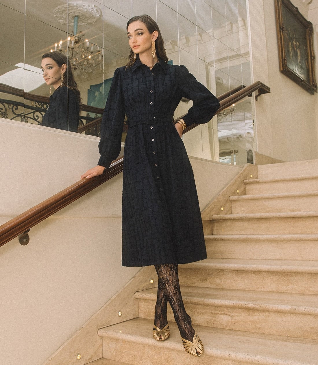 Dark Blue Textured Button-Front Midi Dress, Close-Up Take Dark Blue Textured Button-Front Midi Dress, Close-Up Take — Trendy Styling Dress
