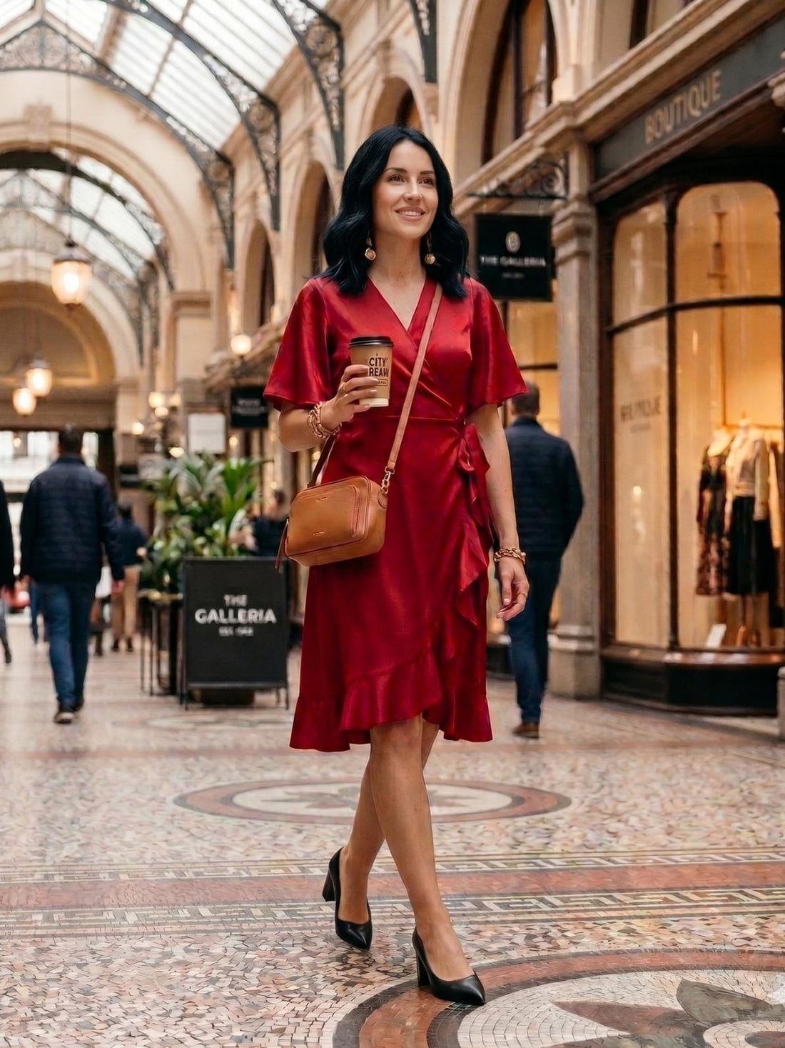Red Satin Wrap Midi Dress With Pointed-Toe Pumps Red Satin Wrap Midi Dress With Pointed-Toe Pumps — Trendy Styling Dress
