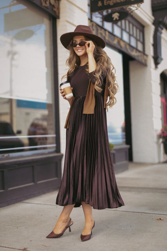 Deep Plum Pleated Midi Dress with Brown Cardigan Deep Plum Pleated Midi Dress with Brown Cardigan — Trendy Styling Dress