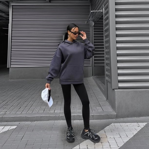 Dark Gray Oversized Hoodie with Black Leggings — Trendy Sweatshirt Outfits Women