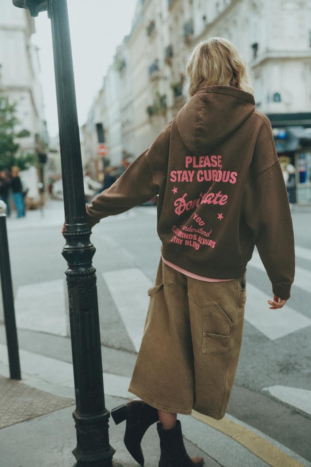 Brown Hoodie with Pink Text Graphic and Cargo Pants — Trendy Sweatshirt Outfits Women