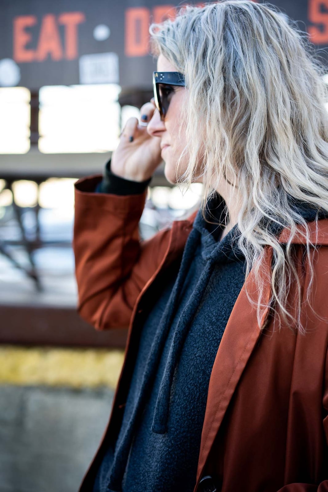 Dark Gray Hoodie Under Rust Twill Jacket — Trendy Sweatshirt Outfits Women