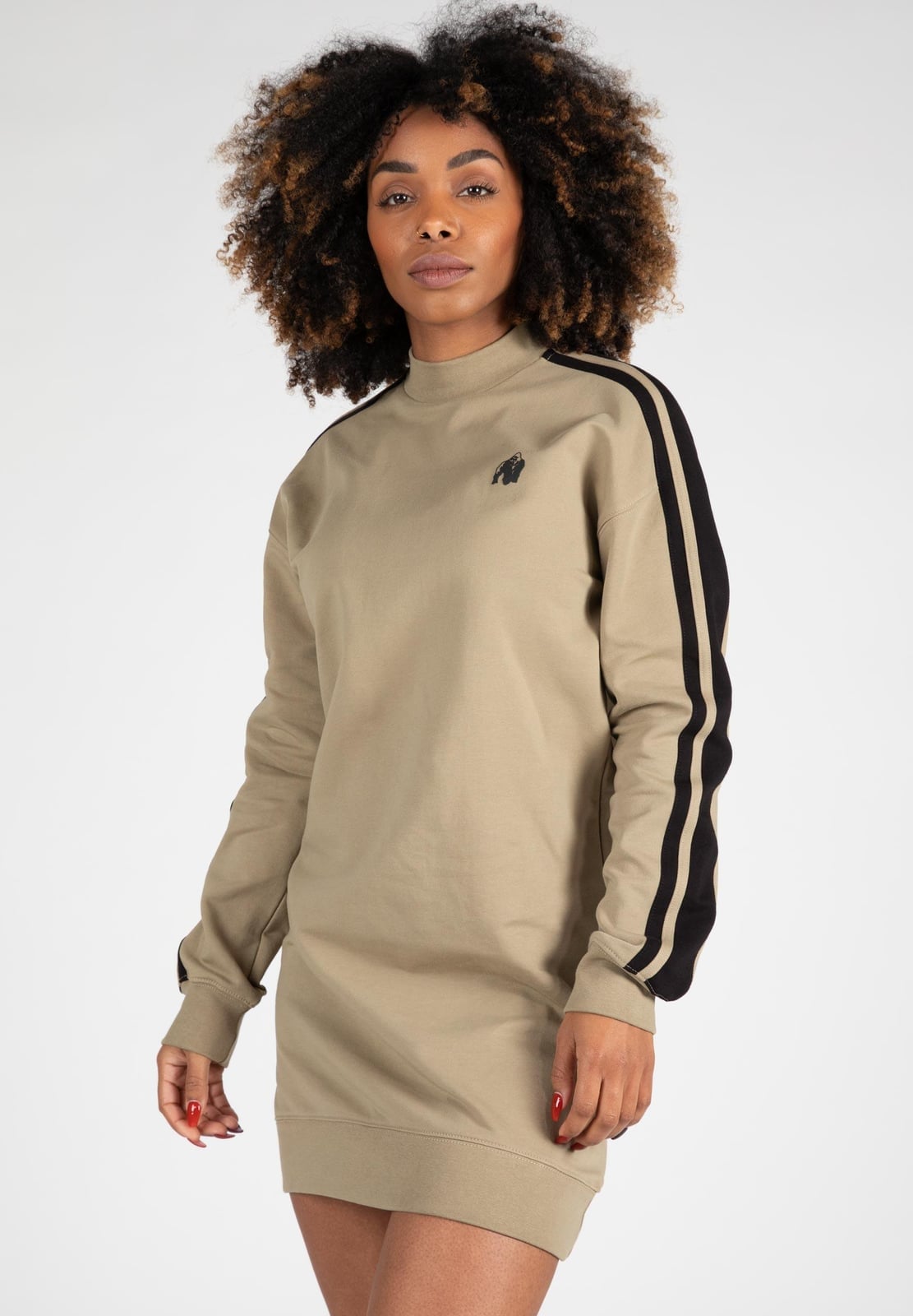 Khaki Sweatshirt Dress with Side Stripes — Trendy Sweatshirt Outfits Women