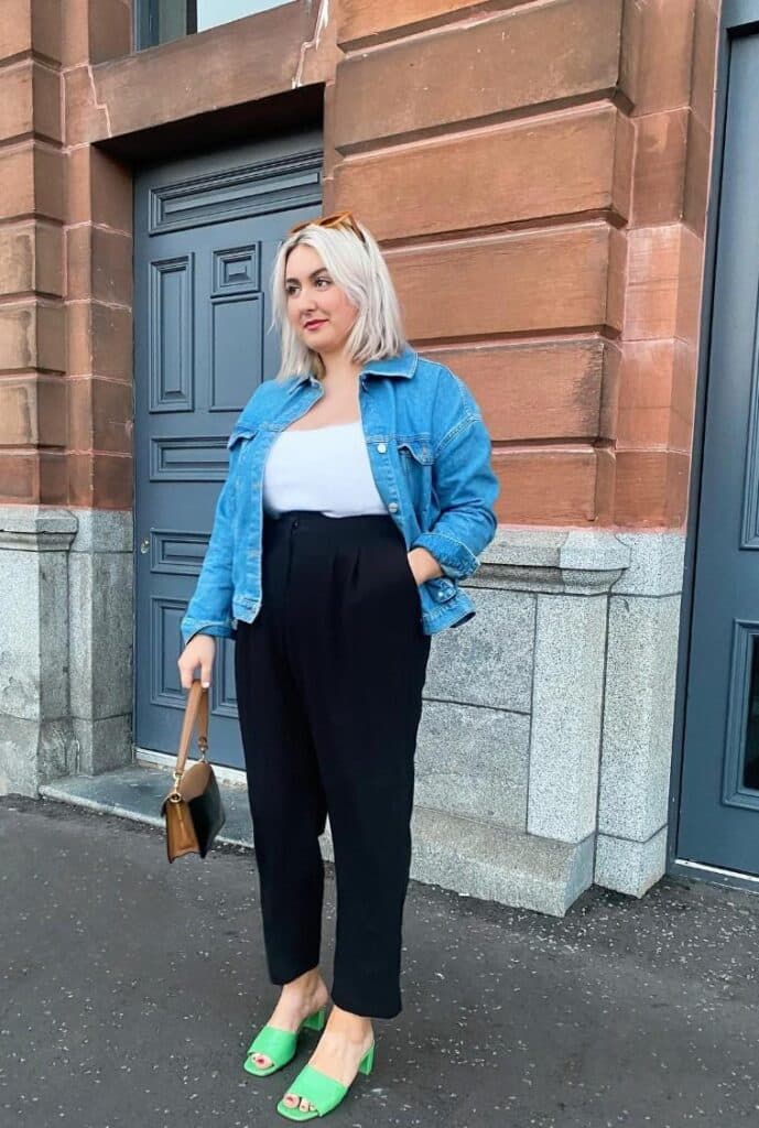 Black Wide Leg Trousers With Denim Jacket Black Wide Leg Trousers With Denim Jacket — Trendy Teacher Outfits Elementary