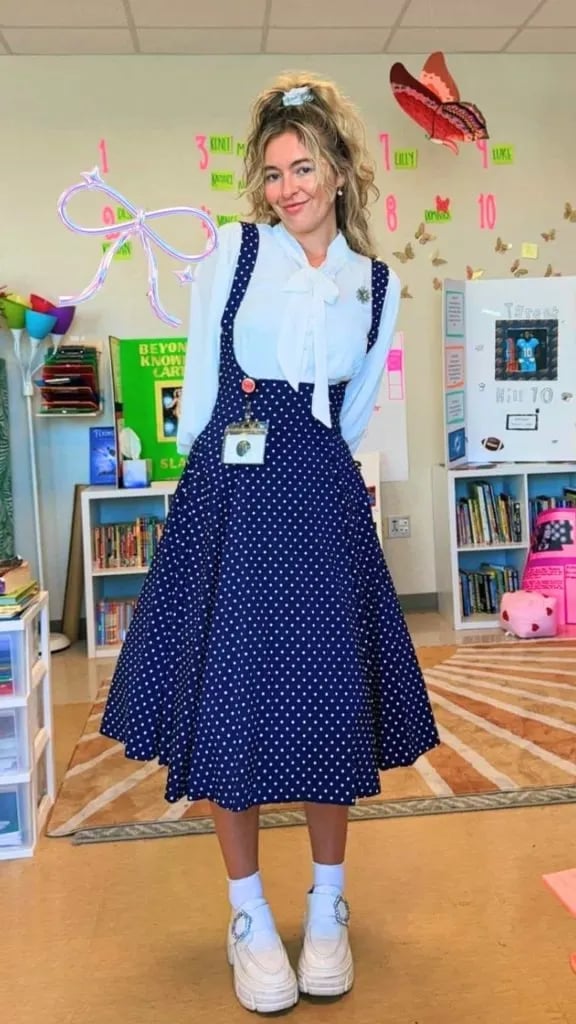Polka Dot Pinafore Dress With Pussy-Bow Blouse Polka Dot Pinafore Dress With Pussy-Bow Blouse — Trendy Teacher Outfits Elementary