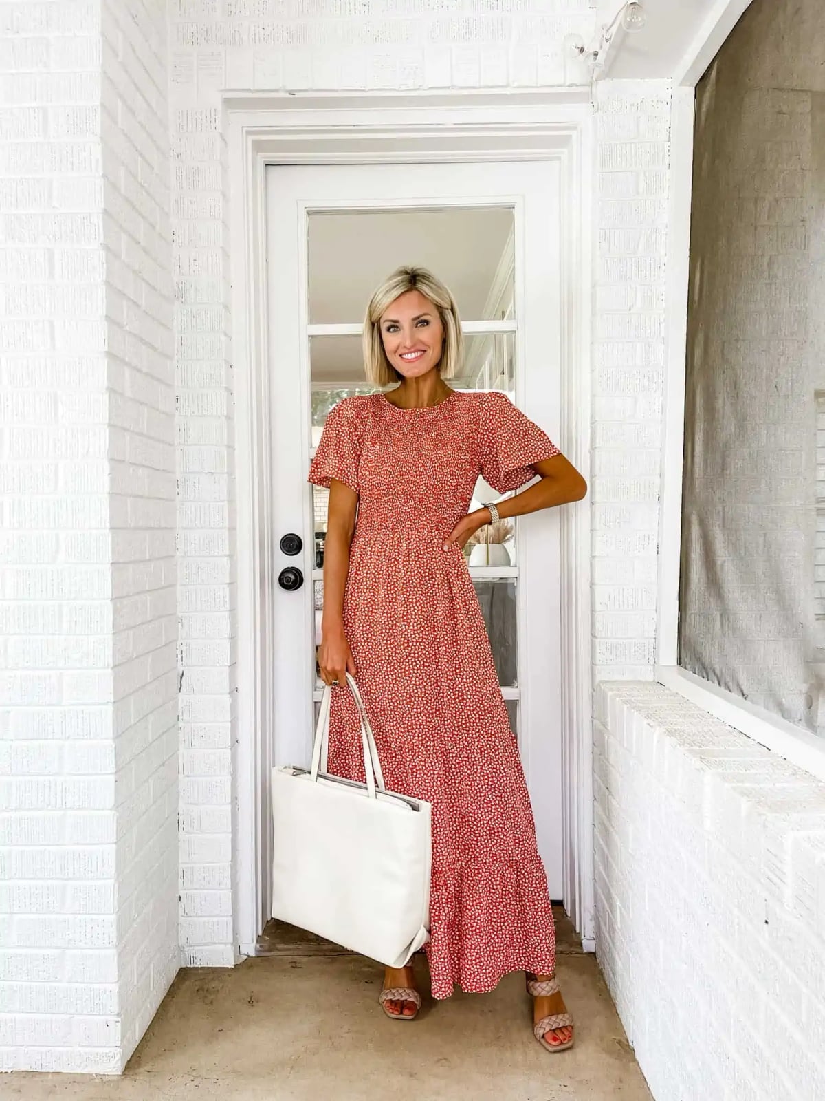 Red Micro Print Midi Dress Red Micro Print Midi Dress — Trendy Teacher Outfits Elementary