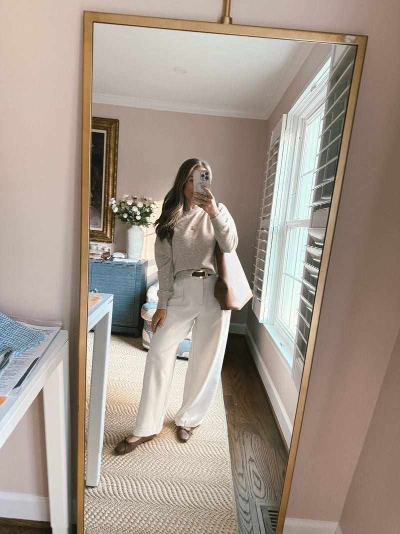 Cream Wide Leg Trousers With Gray Sweatshirt Cream Wide Leg Trousers With Gray Sweatshirt — Trendy Teacher Outfits Elementary
