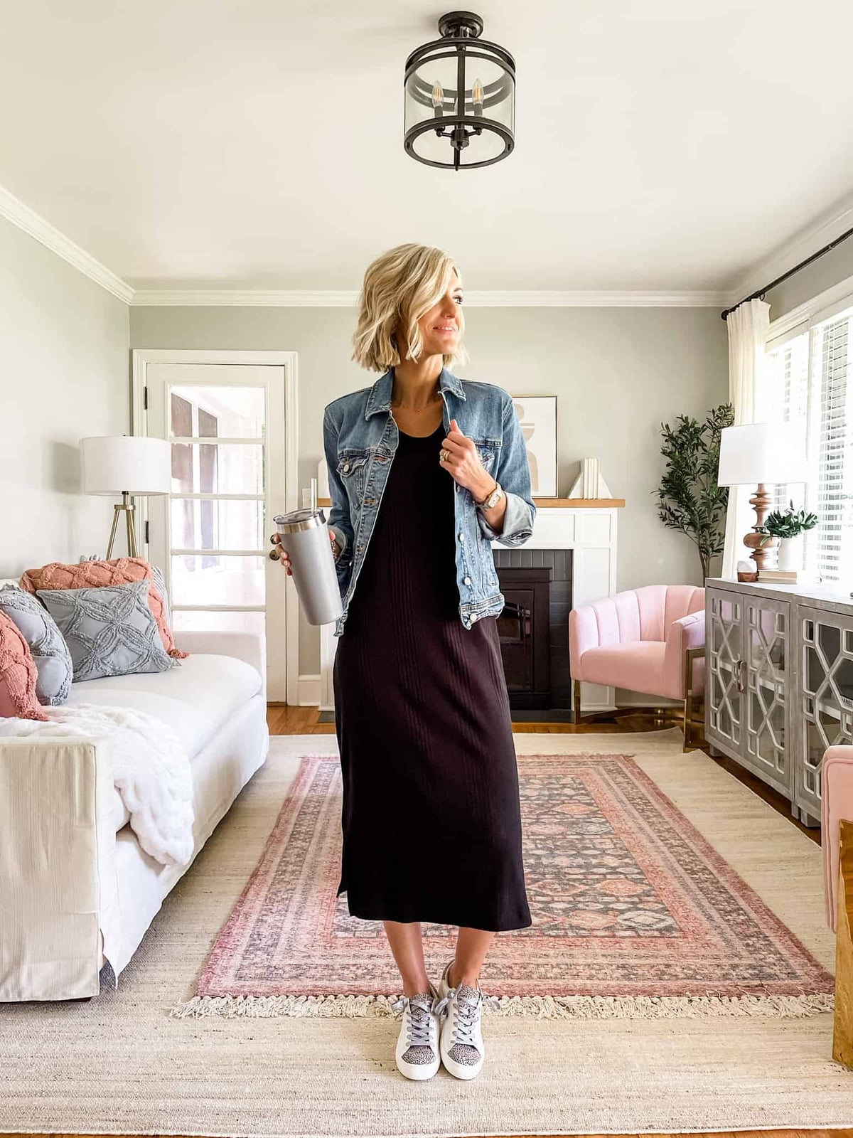 Black Ribbed Midi Dress With Denim Jacket Black Ribbed Midi Dress With Denim Jacket — Trendy Teacher Outfits Elementary