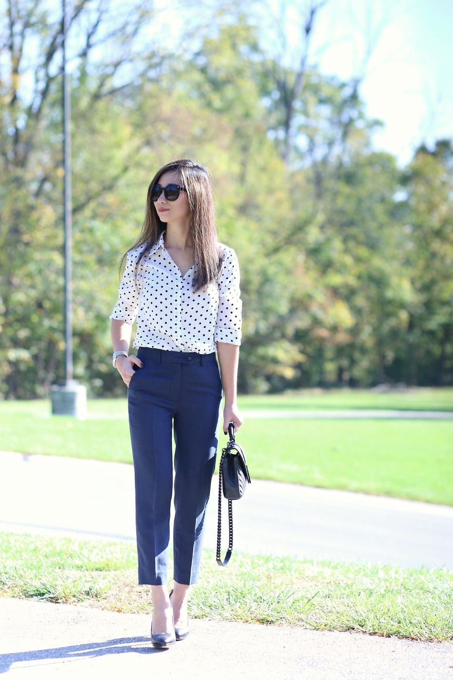 Navy Trousers With Polka Dot Shirt Navy Trousers With Polka Dot Shirt — Trendy Teacher Outfits Elementary
