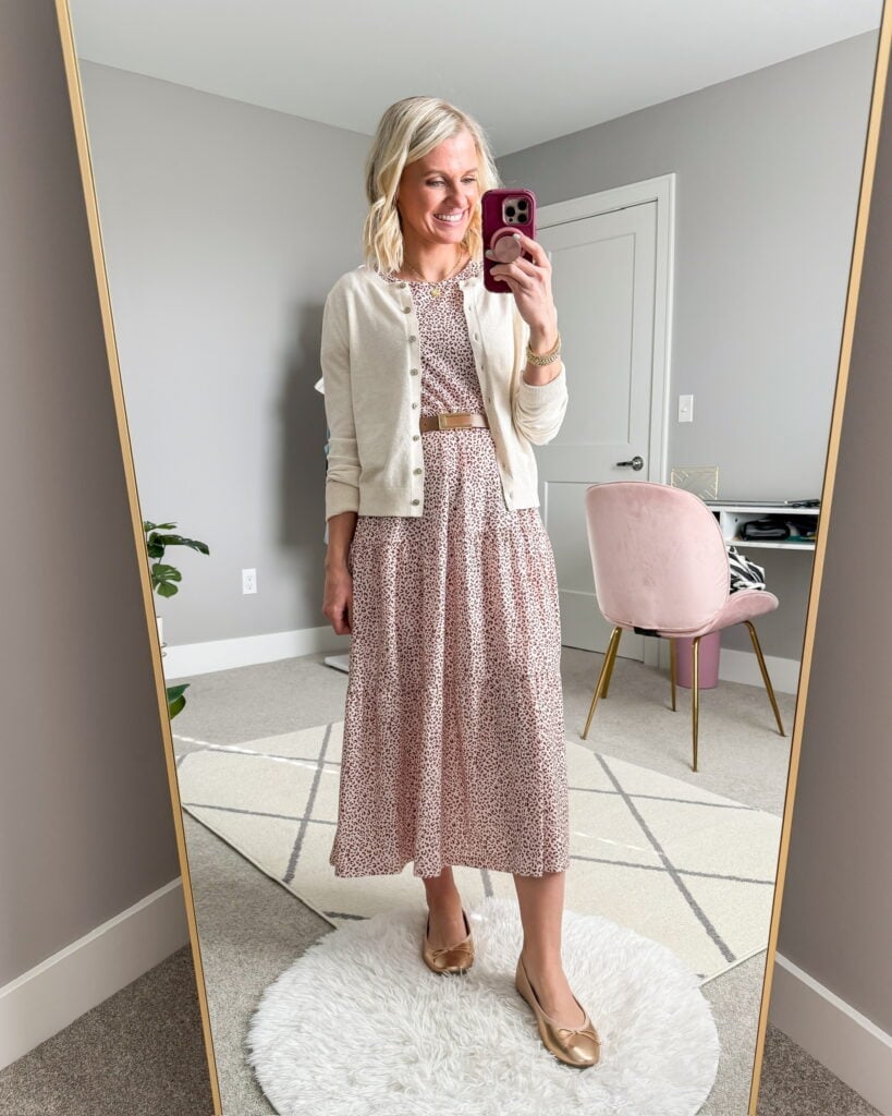Patterned Midi Dress With Cream Cardigan Patterned Midi Dress With Cream Cardigan — Trendy Teacher Outfits Elementary