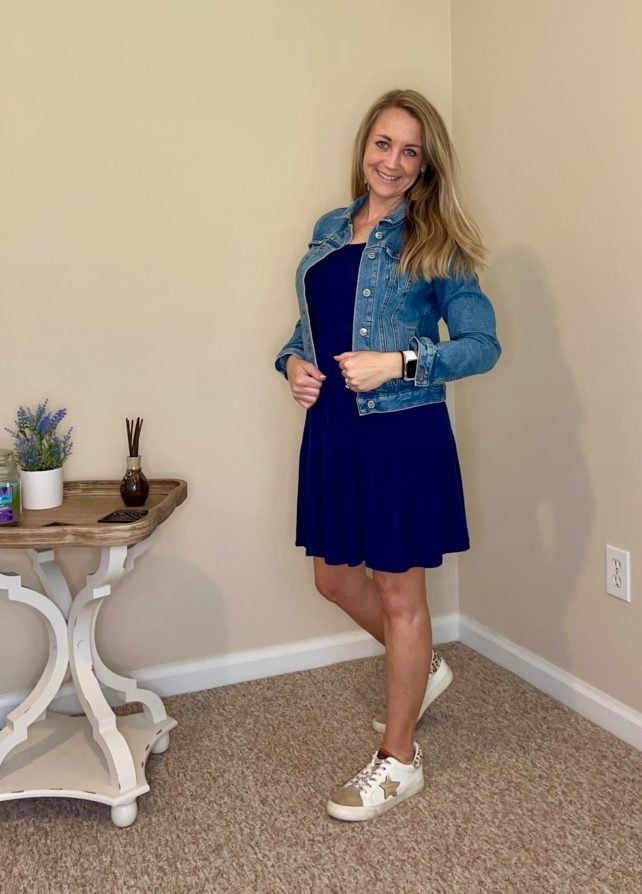 Navy Fit And Flare Dress With Denim Jacket Navy Fit And Flare Dress With Denim Jacket — Trendy Teacher Outfits Elementary