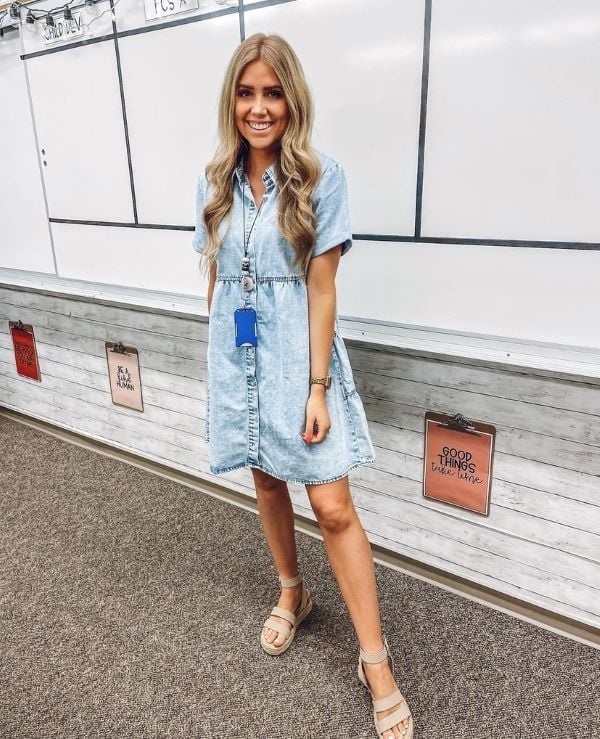 Denim Shirt Dress With Espadrille Wedges Denim Shirt Dress With Espadrille Wedges — Trendy Teacher Outfits Elementary