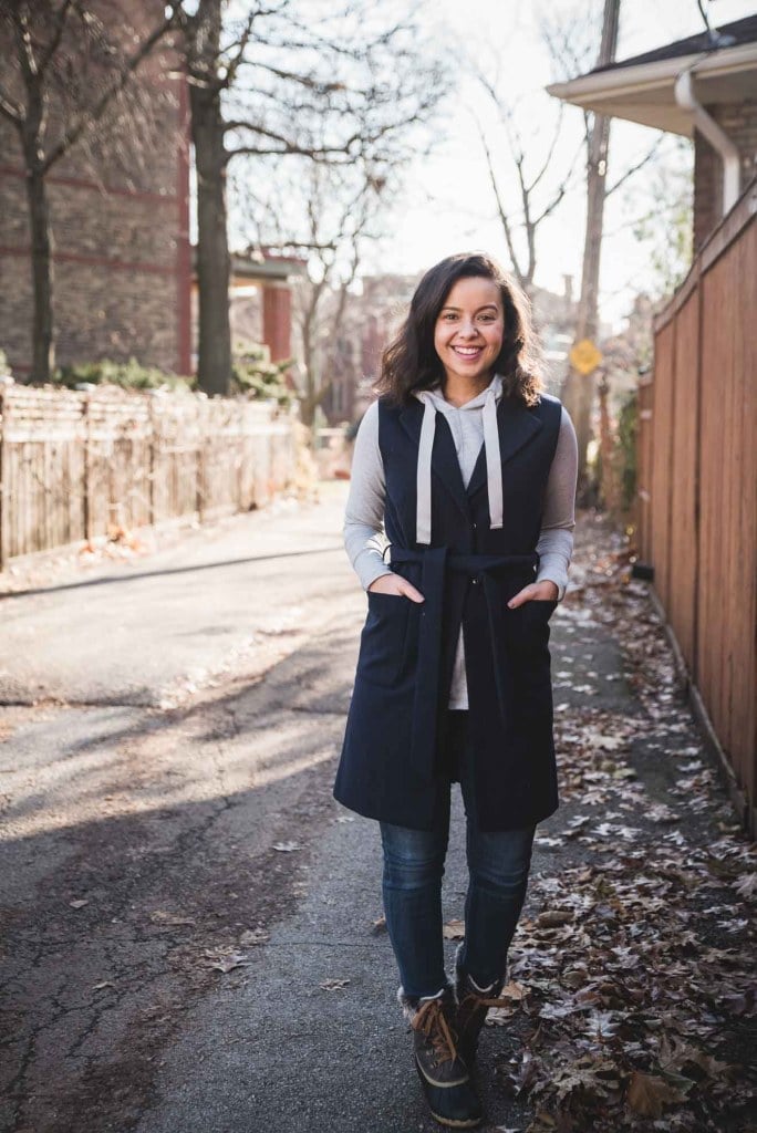 Navy Vest Over Gray Hoodie With Slim Jeans Navy Vest Over Gray Hoodie With Slim Jeans — Trendy Teacher Outfits Elementary