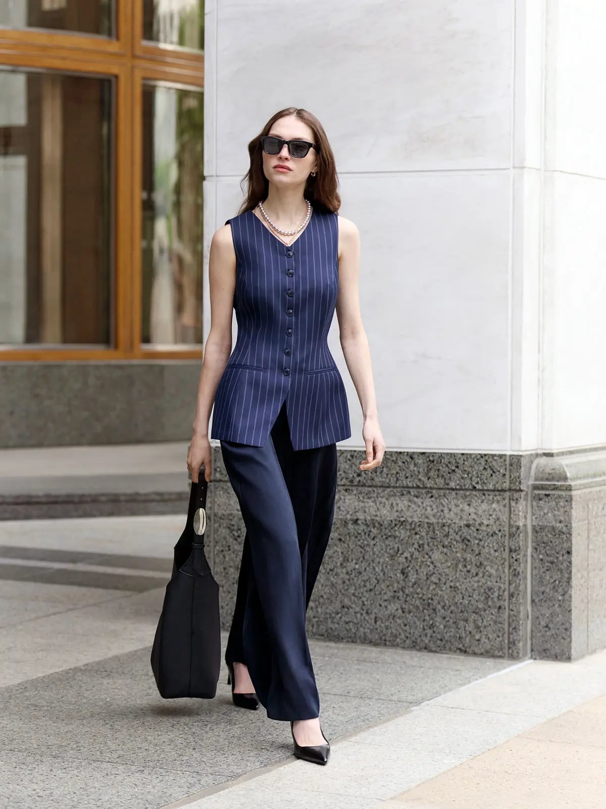 Navy Pinstripe Vest And Trousers Navy Pinstripe Vest And Trousers — Trendy Teacher Outfits Elementary