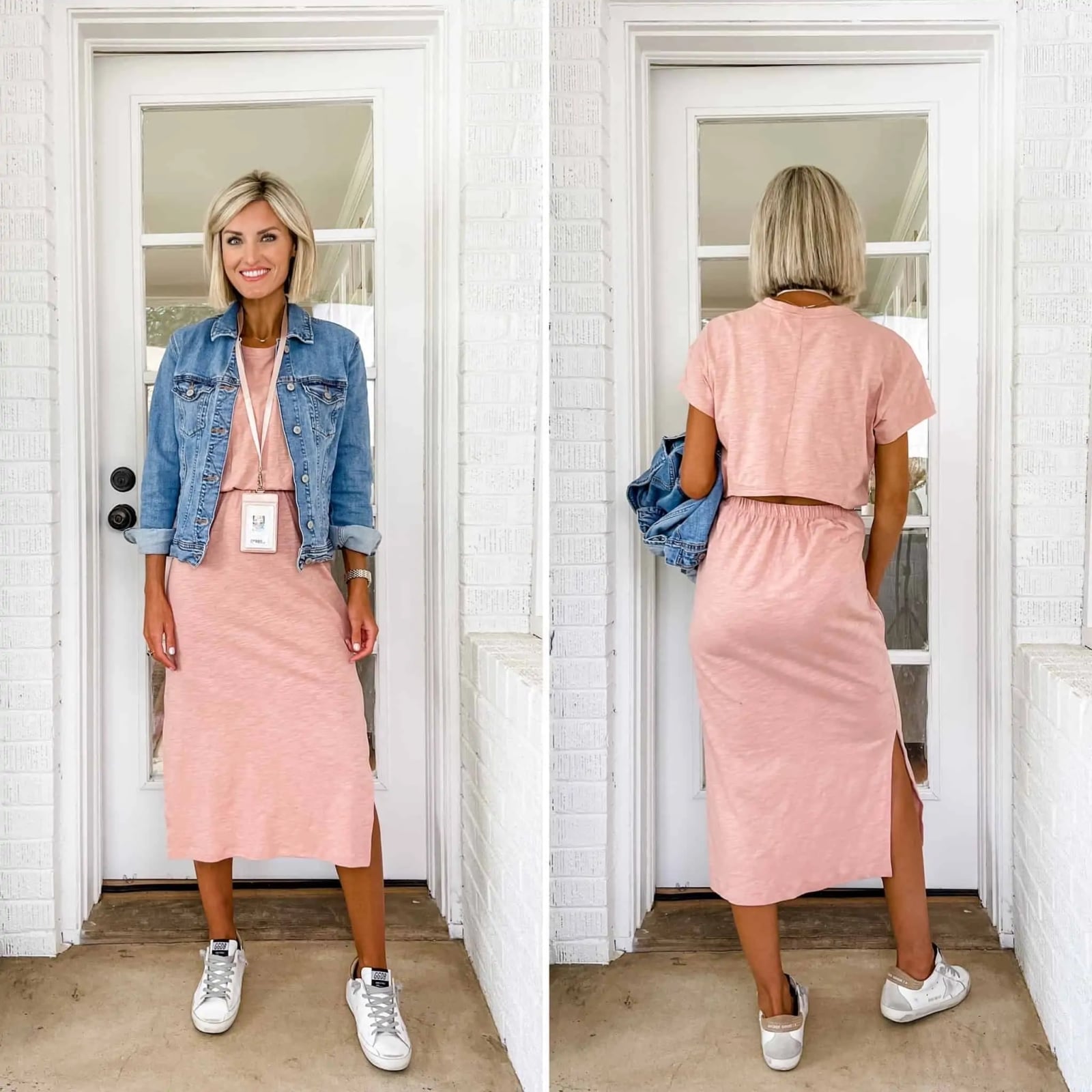Pink T-Shirt Dress With Denim Jacket Pink T-Shirt Dress With Denim Jacket — Trendy Teacher Outfits Elementary