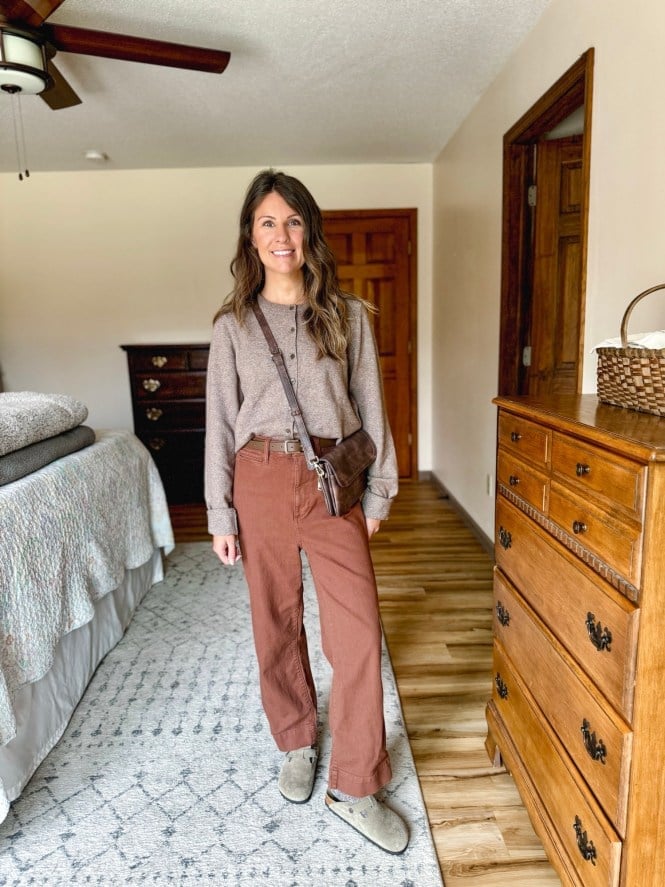 Rust Wide Leg Trousers With Knit Cardigan Rust Wide Leg Trousers With Knit Cardigan — Trendy Teacher Outfits Elementary