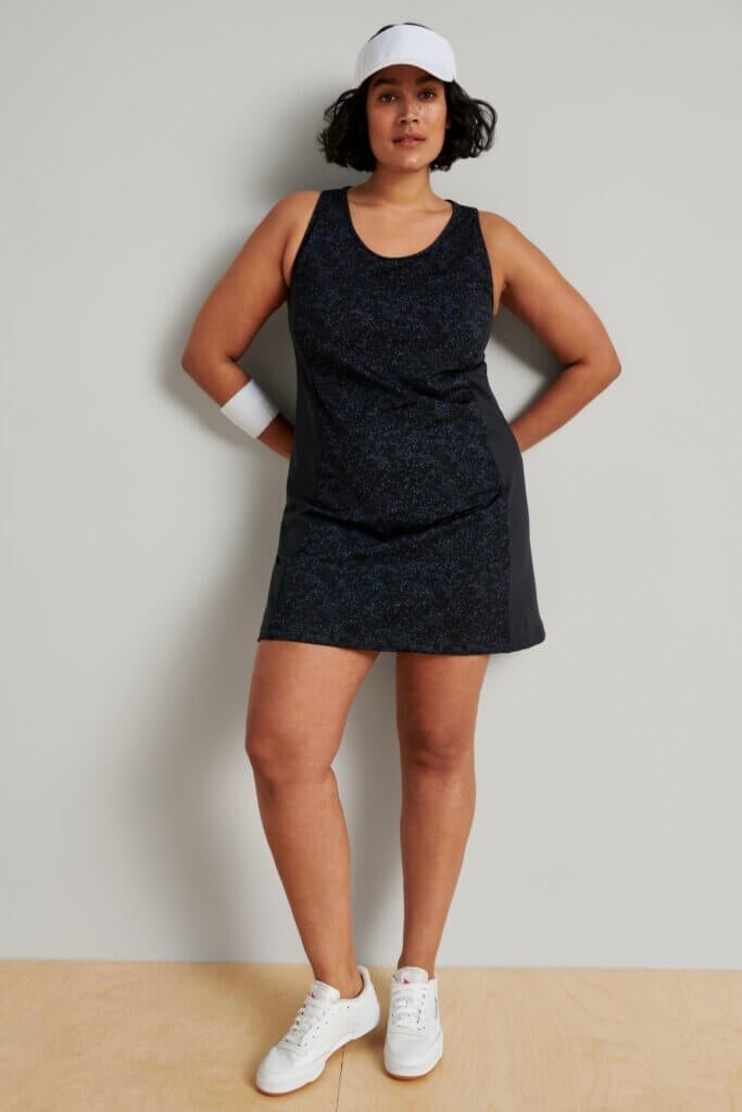 Black Tennis Dress with Patterned Side Panels Black Tennis Dress with Patterned Side Panels — Trendy Tennis Outfits