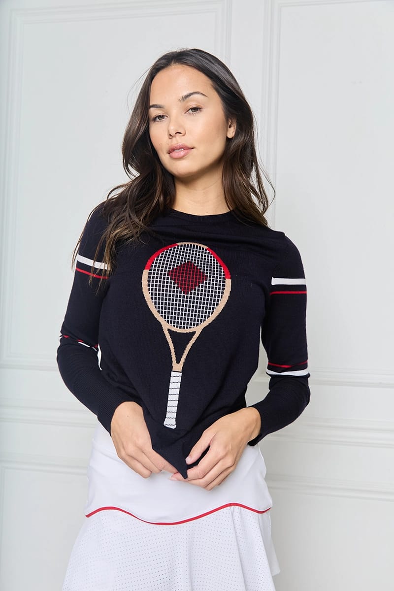 Graphic Tennis Racket Sweater and White Skirt Graphic Tennis Racket Sweater and White Skirt — Trendy Tennis Outfits