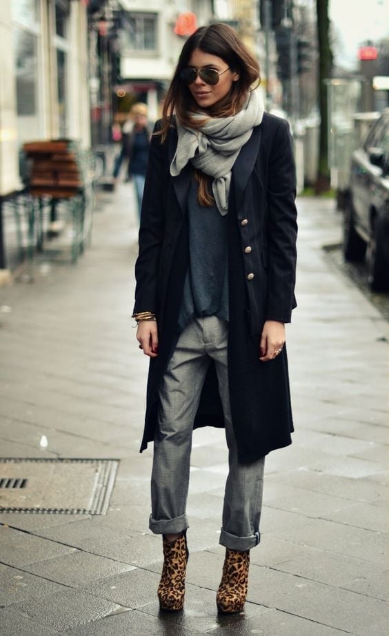 Long Black Coat with Gray Trousers and Leopard, Office-Safe Version Long Black Coat with Gray Trousers and Leopard, Office-Safe Version — Trendy Tomboy Outfits