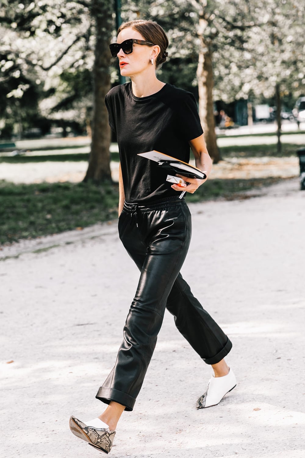 Black Leather Trousers with White Pointed Flats, Close-Up Take Black Leather Trousers with White Pointed Flats, Close-Up Take — Trendy Tomboy Outfits