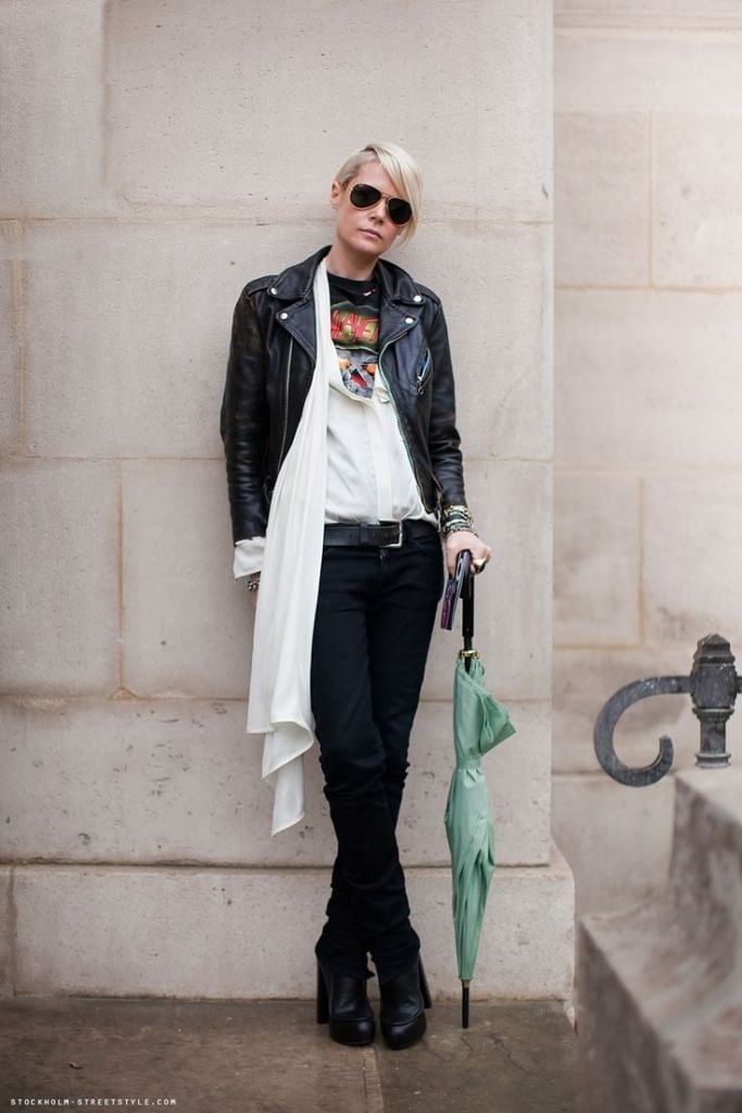 Leather Biker Jacket with Slim Trousers and Scarf Leather Biker Jacket with Slim Trousers and Scarf — Trendy Tomboy Outfits