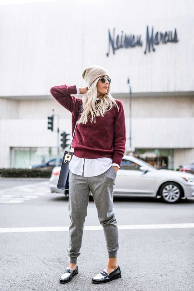 Burgundy Sweater Over a Button-Down with Jogger Pants Burgundy Sweater Over a Button-Down with Jogger Pants — Trendy Tomboy Outfits