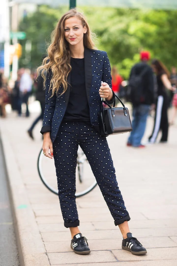 Studded Navy Suit with Black Sneakers Studded Navy Suit with Black Sneakers — Trendy Tomboy Outfits