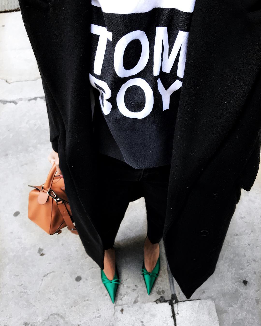 Black Coat with Graphic Tee and Green Bow Heels Black Coat with Graphic Tee and Green Bow Heels — Trendy Tomboy Outfits