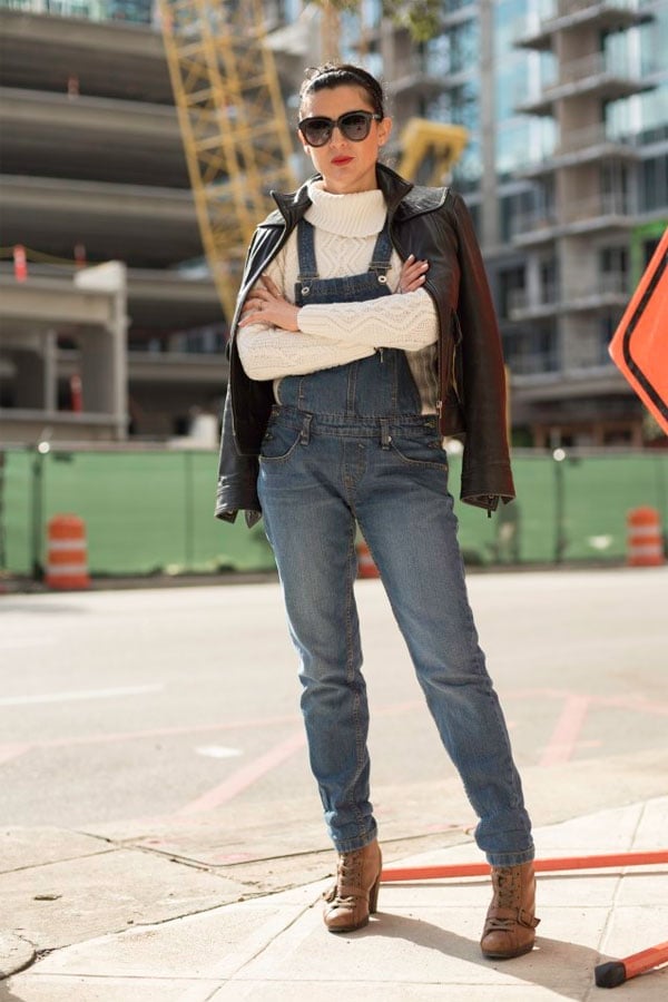 Denim Overalls with a Leather Jacket and Cable Knit Denim Overalls with a Leather Jacket and Cable Knit — Trendy Tomboy Outfits