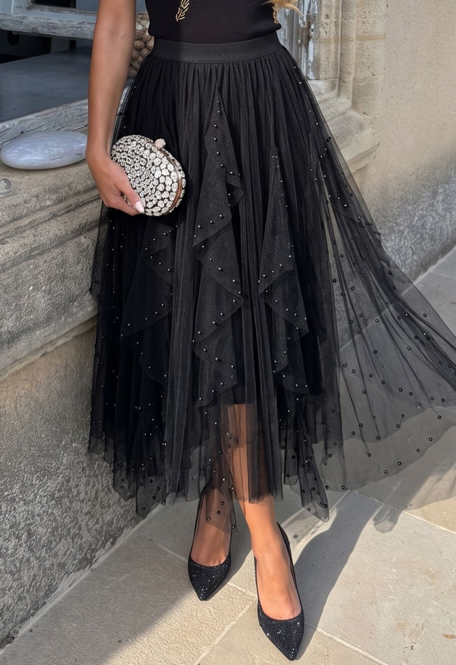 Beaded Black Tulle Midi Skirt With Glitter Heels — Trendy Tulle Skirt Outfits