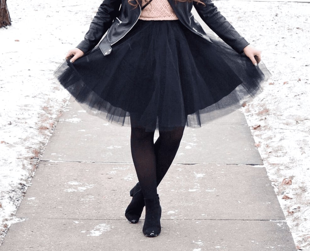 Black Tulle Skirt With Pink Knit Top and Leather Jacket, Close-Up Take — Trendy Tulle Skirt Outfits