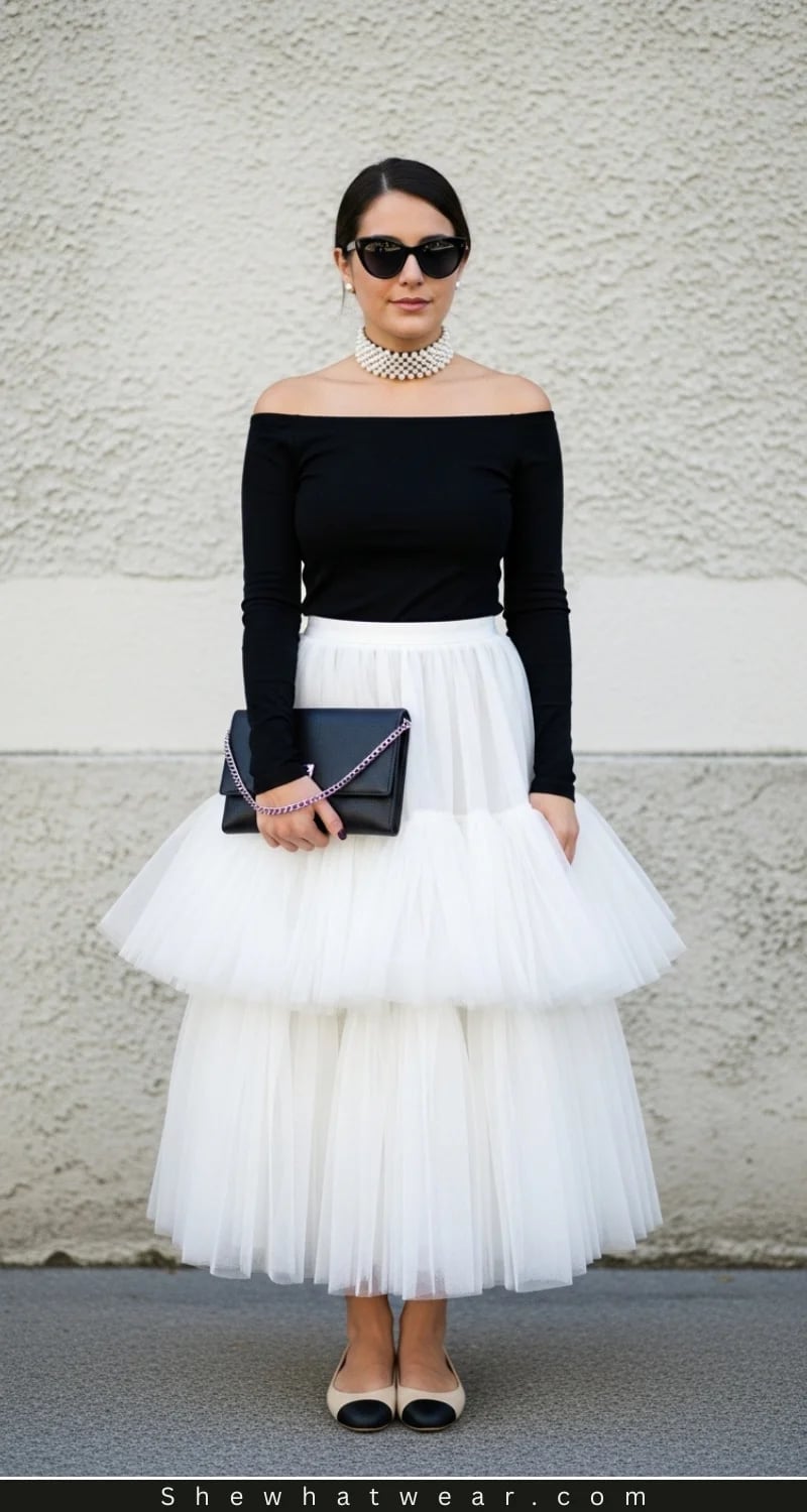White Tulle Skirt With Off-Shoulder Top and Pearl, Close-Up Take — Trendy Tulle Skirt Outfits
