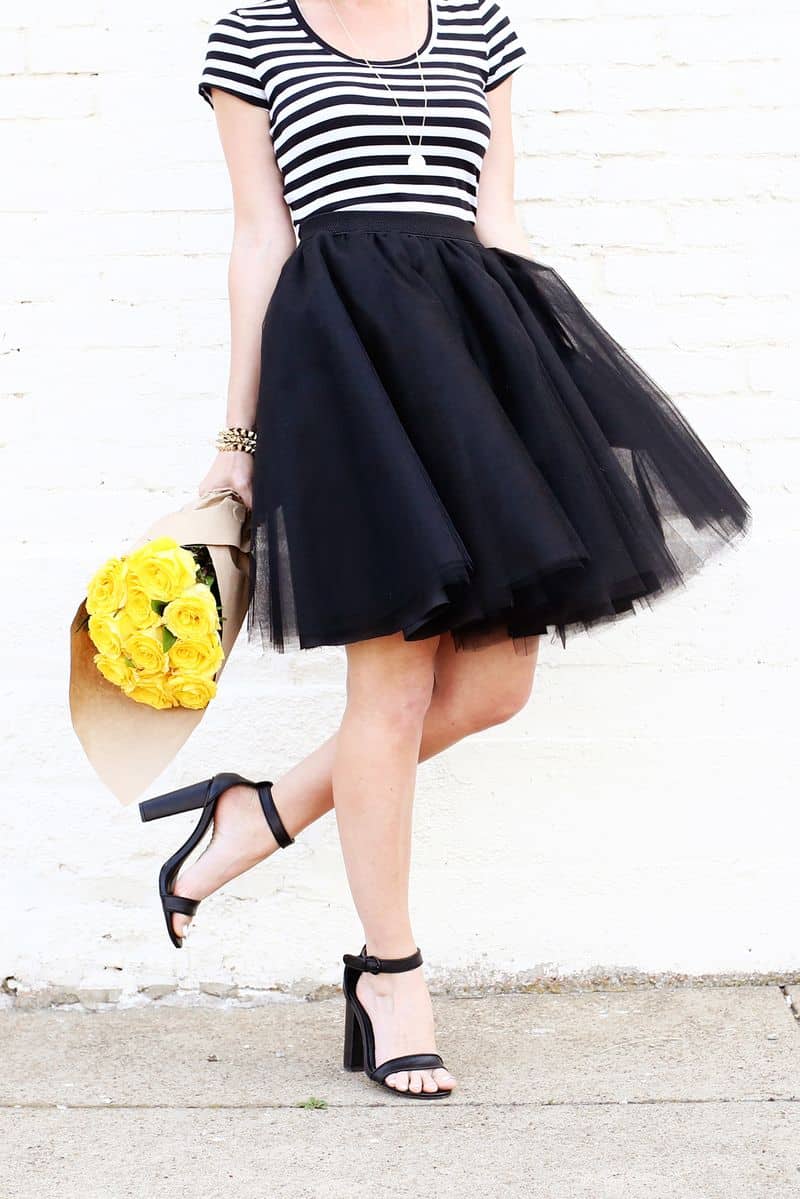 Black Circle Tulle Skirt With Striped Knit Top, Close-Up Take — Trendy Tulle Skirt Outfits