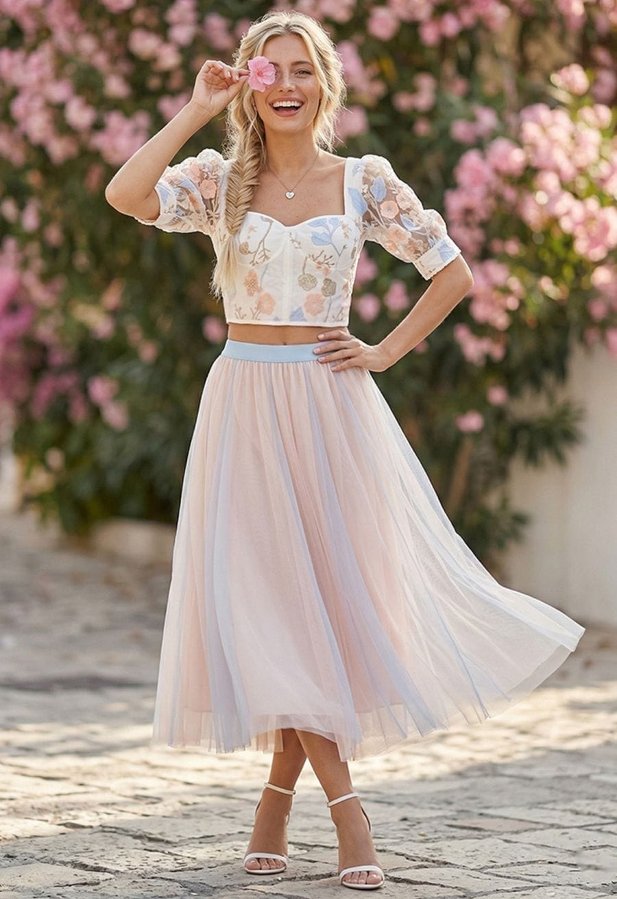 Light Pink Panelled Tulle Skirt With Embroidered Crop, Close-Up Take — Trendy Tulle Skirt Outfits