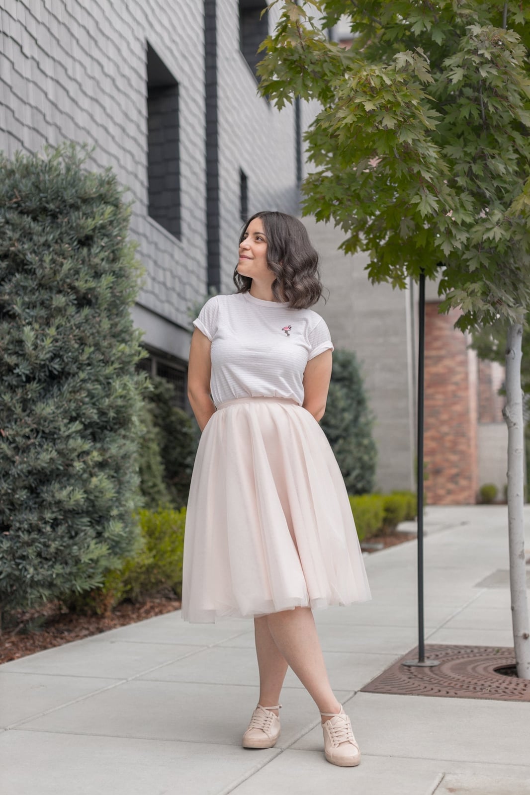 Pale Pink Tulle Skirt With Striped T-Shirt and Sneakers, Close-Up Take — Trendy Tulle Skirt Outfits