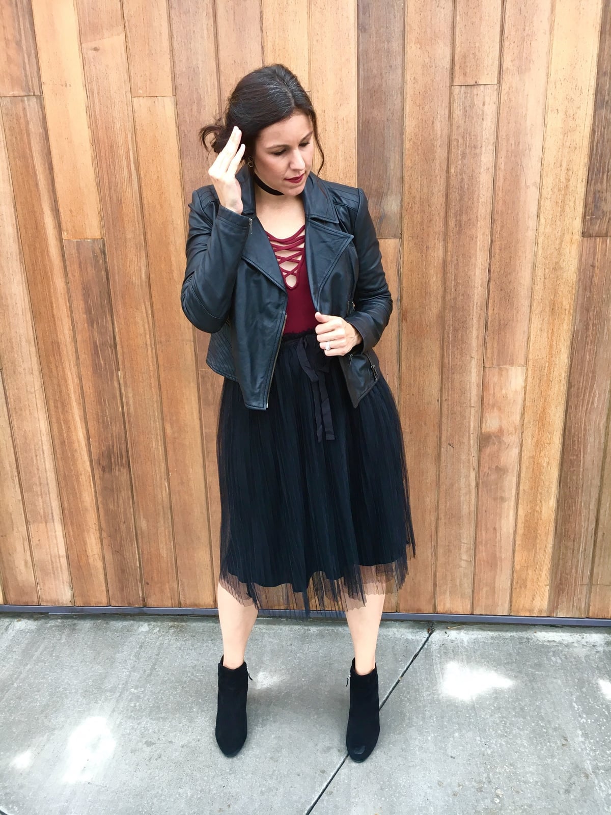 Black Tulle Midi Skirt With Biker Jacket, Close-Up Take — Trendy Tulle Skirt Outfits
