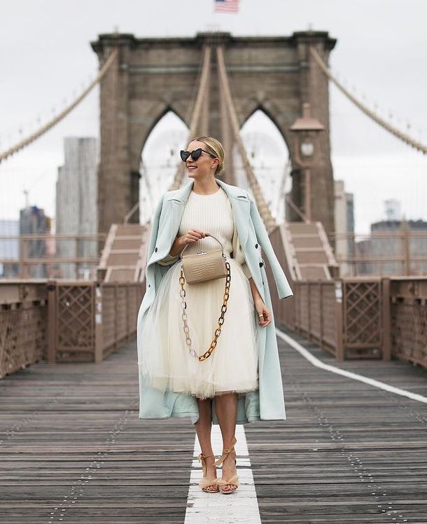 Cream Tulle Midi Skirt With Knit Sweater and Coat, Close-Up Take — Trendy Tulle Skirt Outfits
