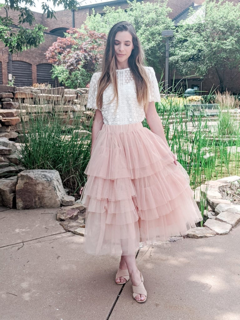 Soft Pink Tiered Tulle Skirt With Lace Top and Nude Block Heels — Trendy Tulle Skirt Outfits