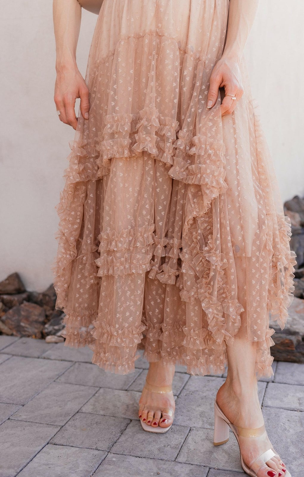 Nude Polka Dot Tulle Skirt With Ruffled Tiers — Trendy Tulle Skirt Outfits