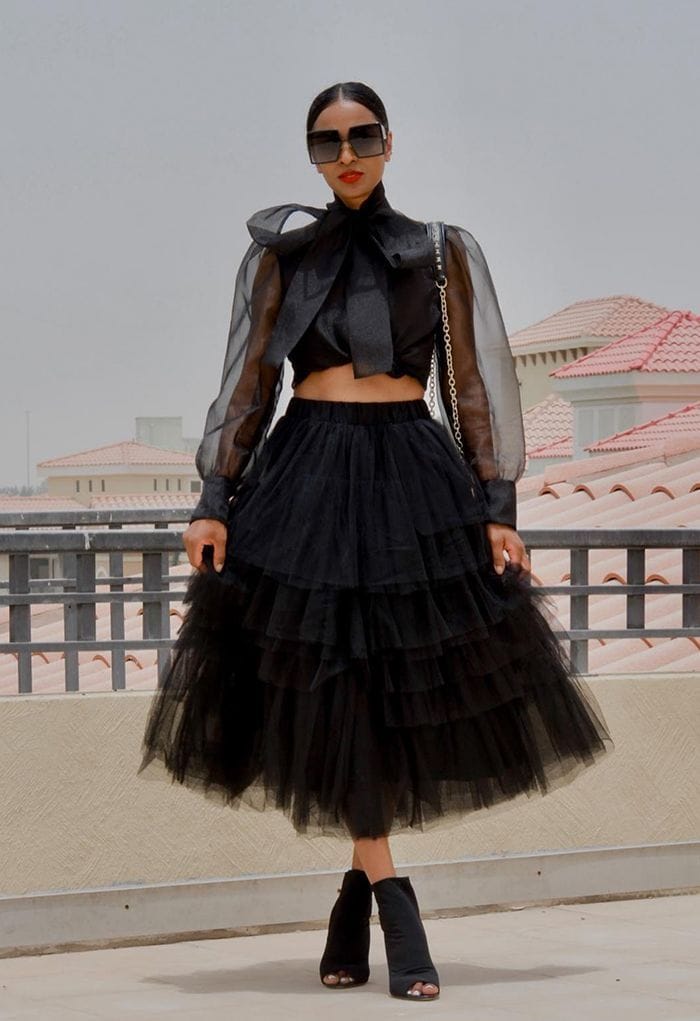 All Black Tiered Tulle Skirt With Puff Sleeve Blouse, Close-Up Take — Trendy Tulle Skirt Outfits