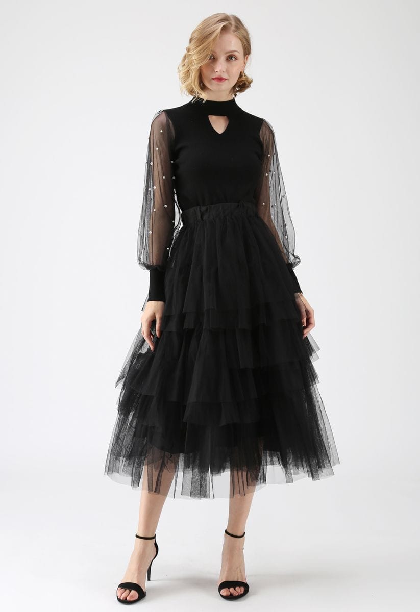 Tiered Black Tulle Skirt With Pearl Embellished Top, Close-Up Take — Trendy Tulle Skirt Outfits