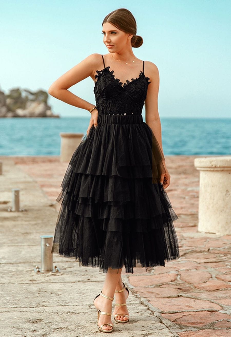 Tiered Black Tulle Midi Skirt With Lace Camisole — Trendy Tulle Skirt Outfits