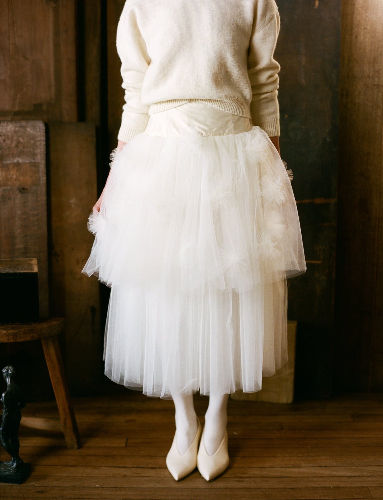 Ivory Tulle Midi Skirt With Cream Sweater — Trendy Tulle Skirt Outfits